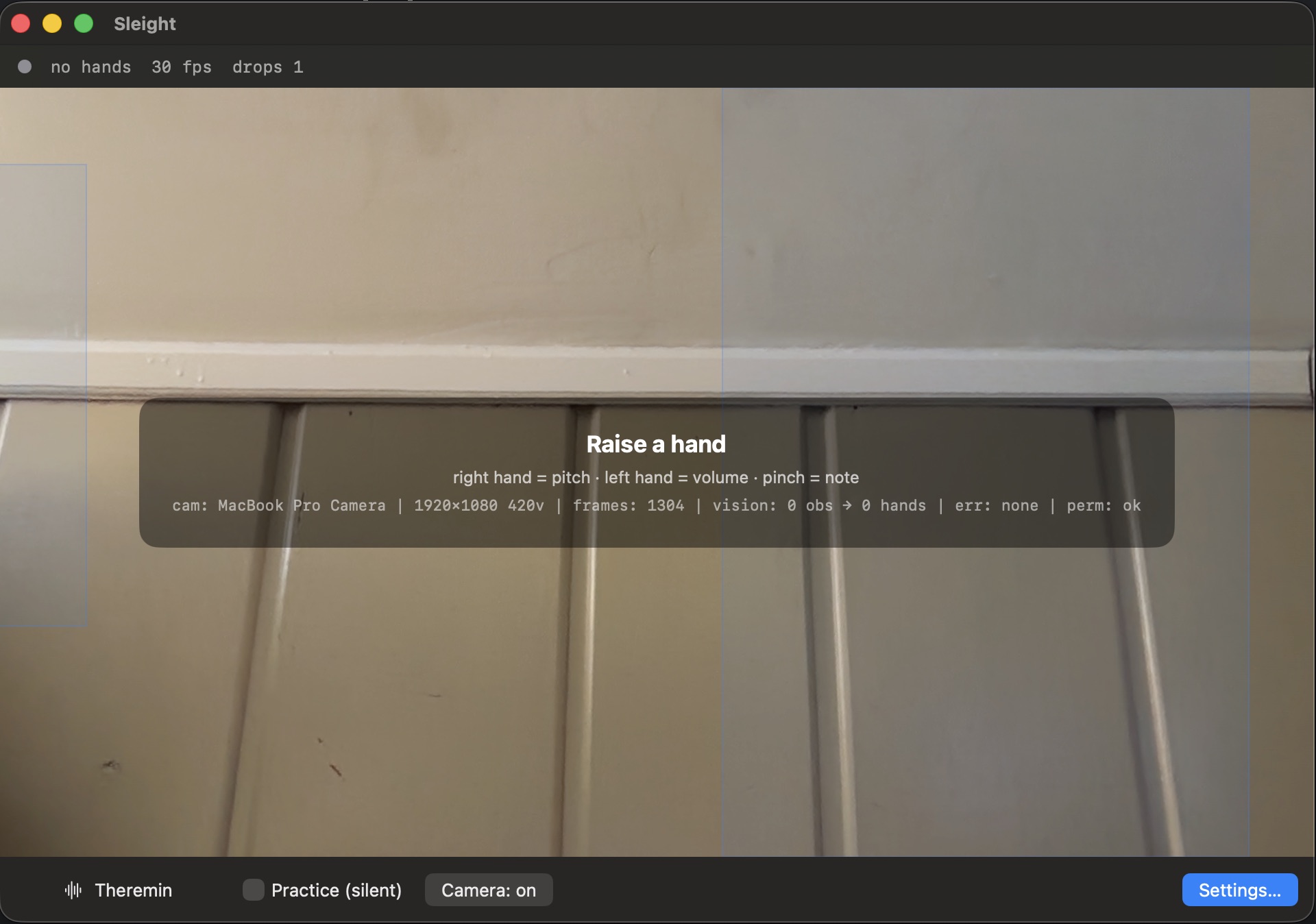 The Sleight app window: live camera, onboarding card, tracking stats