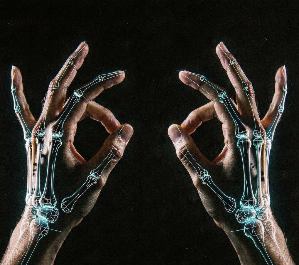 Two hands pinching, traced by wireframe skeleton lines