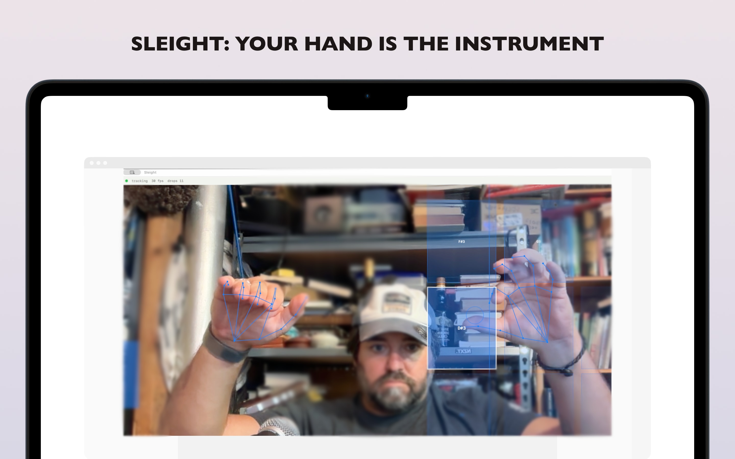 Sleight app showing 12 AR pad overlays with note labels over the live camera view